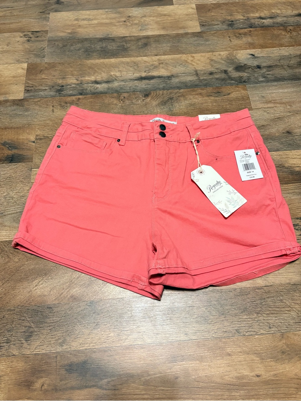 NWT Royalty For Me Coral Mid Rise Denim Shorts Size 14 Bright Pink Summer Shorts
